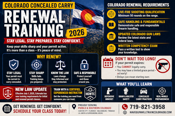 Colorado concealed carry renewal training 2026 Pueblo requirements and shooting qualification