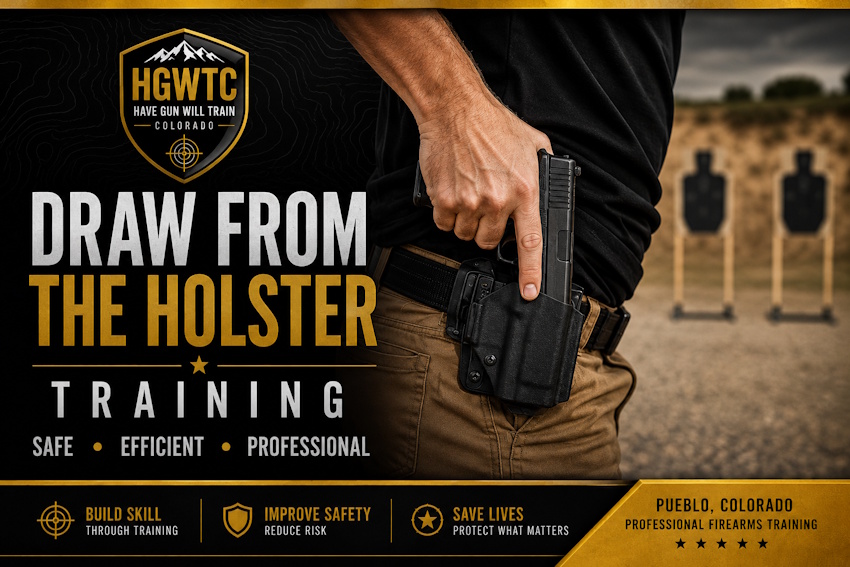 Draw from the holster training in Pueblo Colorado showing a safe concealed carry draw with proper trigger finger discipline at Have Gun Will Train Colorado.