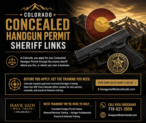 Colorado concealed carry permit county sheriff directory black and gold graphic showing how to find local sheriff application links