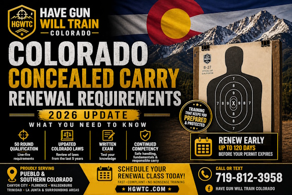 Colorado concealed carry renewal requirements 2026 Pueblo training class and shooting qualification