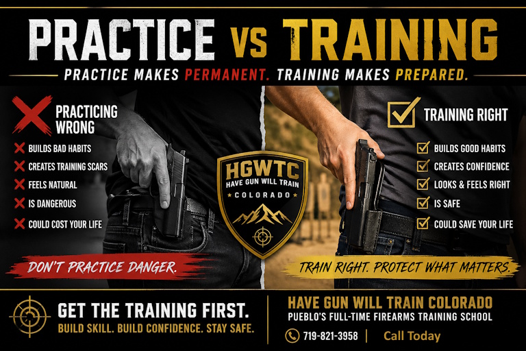 practice vs training firearms instruction Pueblo Colorado avoiding bad habits training scars
