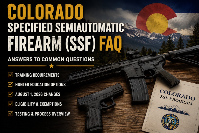 Colorado Specified Semiautomatic Firearm FAQ graphic showing SSF training requirements, Hunter Education options, exemptions, testing, and August 1 2026 Colorado changes
