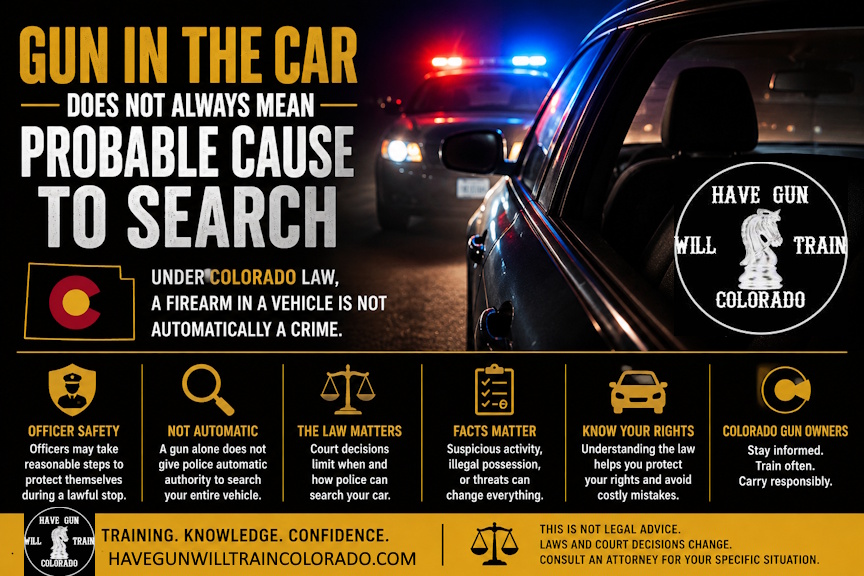Gun in car search laws in Colorado showing traffic stop, police lights, and firearm in vehicle discussion
