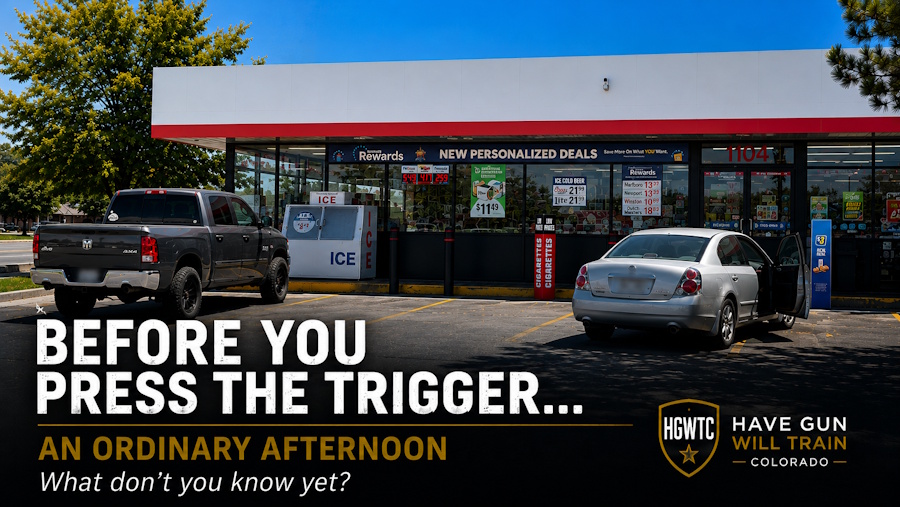 Convenience store on an ordinary summer afternoon illustrating concealed carry decision making, positive identification, and mistaken identity awareness.