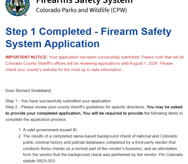Colorado Parks and Wildlife email confirming completion of Step 1 of the Firearms Safety System application and outlining the next steps for applicants.