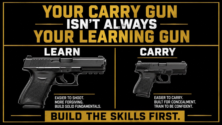Carry gun vs learning gun showing why a larger handgun can be easier for learning handgun fundamentals